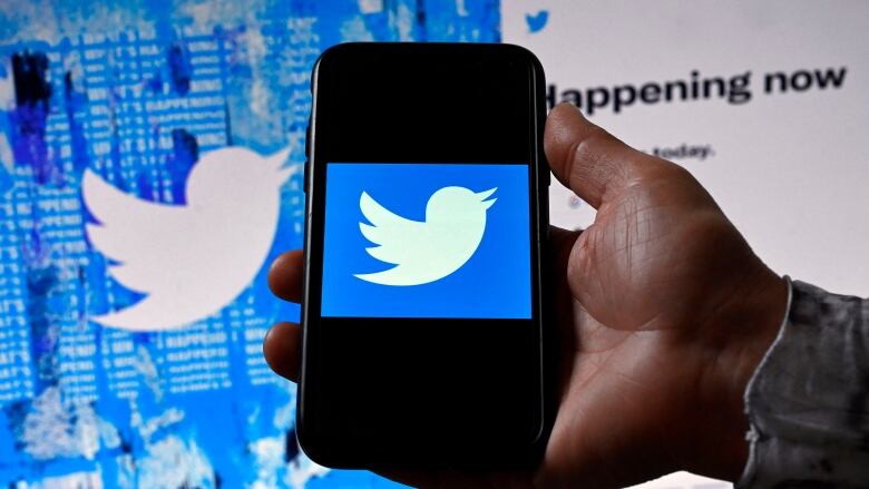 A hand is shown displaying a phone with the Twitter logo.