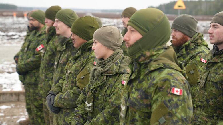 Canadian soldiers stand in a line in Poland