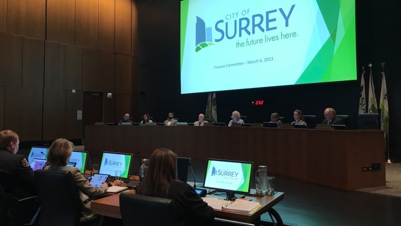 Surrey councillors consider their 2023 budget at a committee meeting on March 6, 2023. 