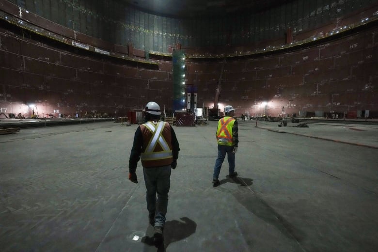 The inside of a massive liquefied natural gas storage tank is seen under construction at the LNG Canada export terminal, in Kitimat, British Columbia