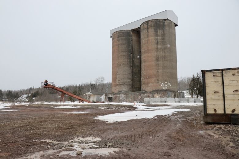 Two silos in front of a wooded area.