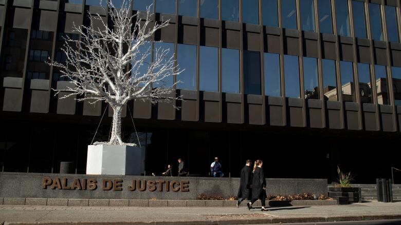 Two black robed lawyers walk in front of an artificial white tree and a courthouse.