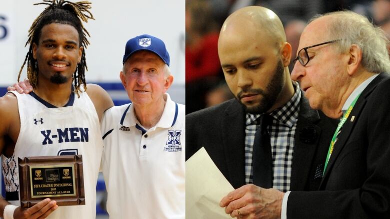 A collaged photos show a STFX player and his coach posing for a photo with a all-star plaque, while another photo, on the right, shows Steve Konchalski going over a play with new STFX coach Tyrell Vernon.