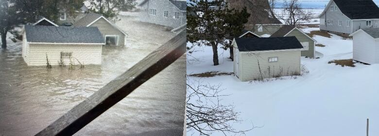 Flooding around shed, compared to winter scene with no water