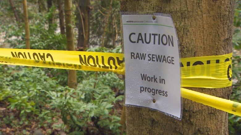 A sign along a river reads 'Caution Raw Sewage Work in Progress'.