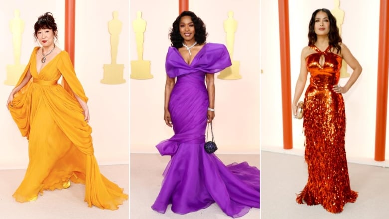 From left, a woman in a yellow gown, purple gown and red gown pose at an event.