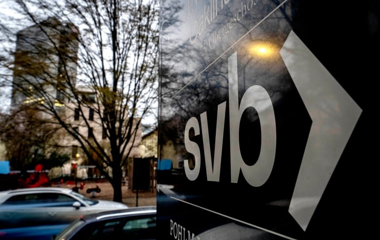 A Silicon Valley Bank sign on a street in Frankfurt.