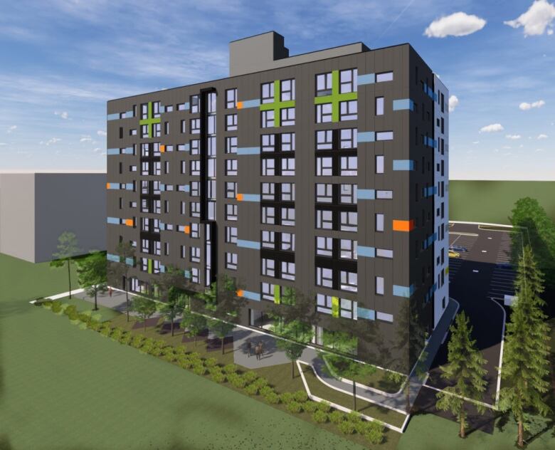 A rendering of an apartment building. 