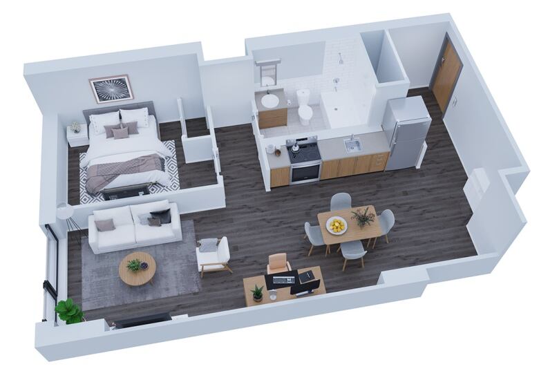 A rendering of a one bedroom apartment. 