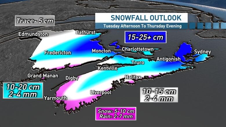 A map shows expected snowfall totals in the Maritimes.