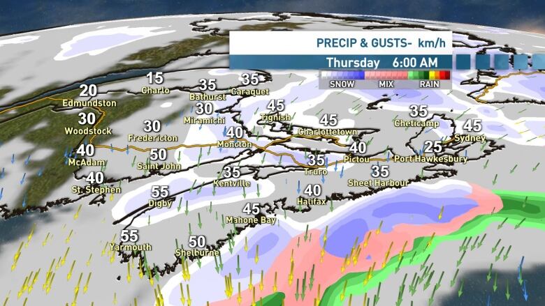 A map shows wind speeds and precipitation on Thursday morning.