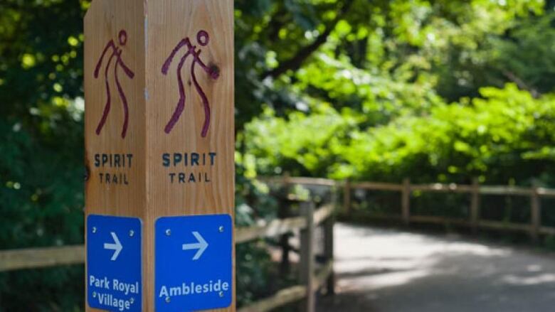 A signpost for the Spirit Trail directing people to Park Royal and Ambleside, with sunlit path in the background.