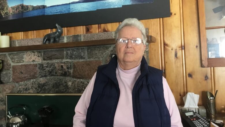 A profile photo of a women with gray hair in front of a fireplace.