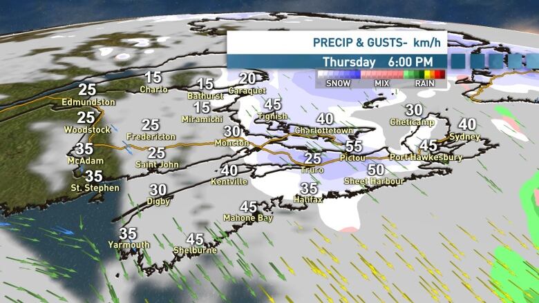 A diagram shows the precipitation and wind gusts for Nova Scotia on March 16.