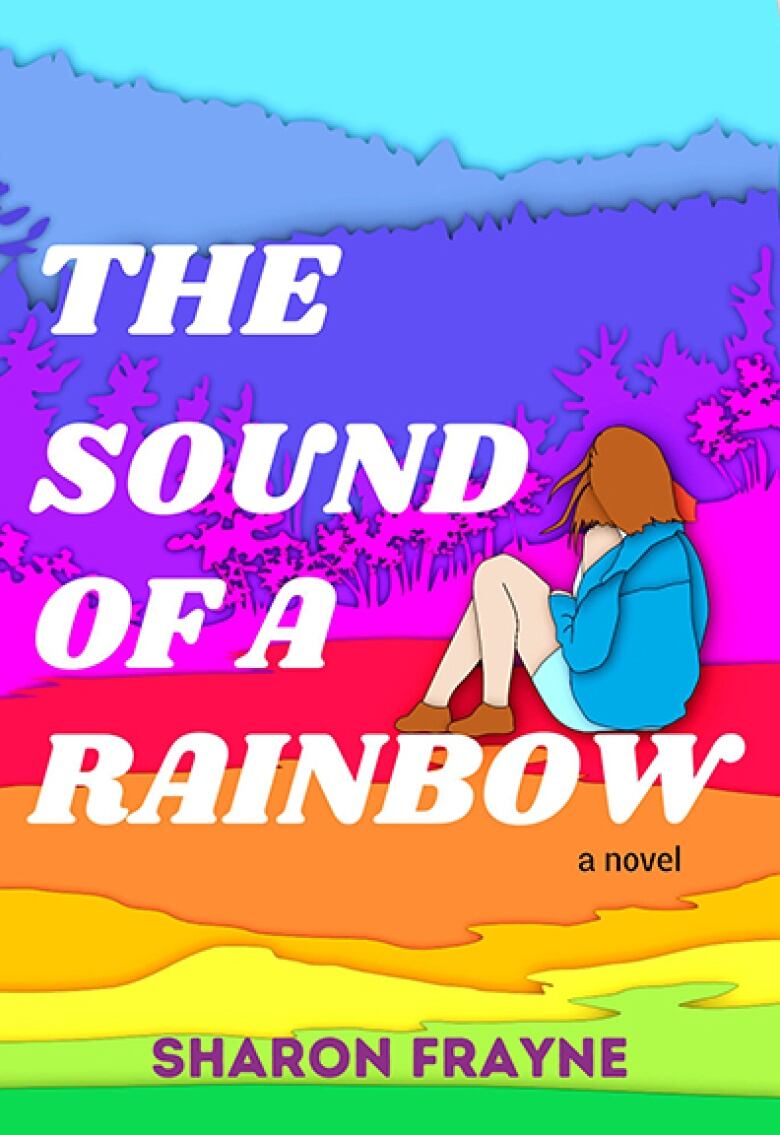 A book cover featuring forest bathed in a rainbow palette and the book's author, a woman with shoulder-length white hair wearing a blue sweater.