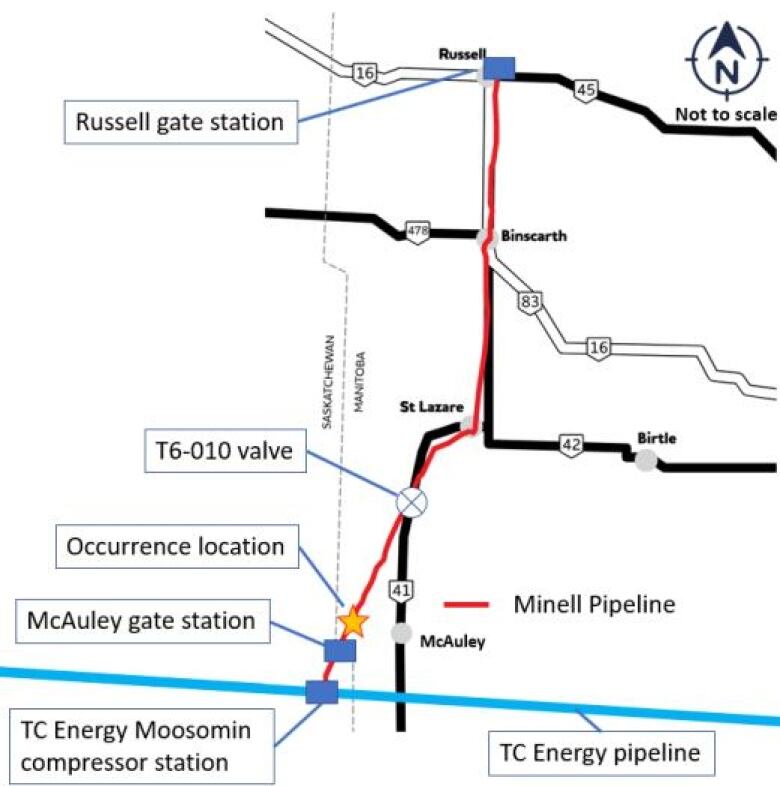 A map shows the locations of gas compressor stations and the site of a gas leak in western Manitoba in October 2021.