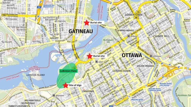 A map of downtown Ottawa and Gatineau with 3 red stars marking burial or dig sites.