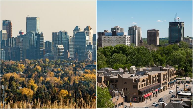 A collage of Calgary's skyline beside London's skyline.