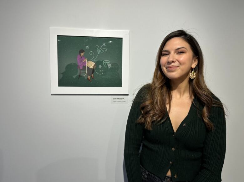 A woman with long, brown hair wearing a black sweater stands next to an illustration of a woman making a basket.