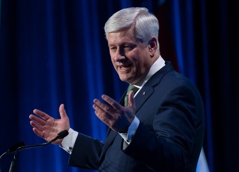 Former prime minister Stephen Harper delivers the keynote address at a conference, Wednesday, March 22, 2023 in Ottawa.