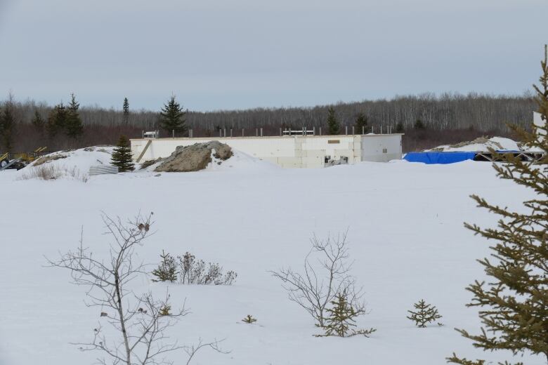 An unfinished home is shown in a snowy field.