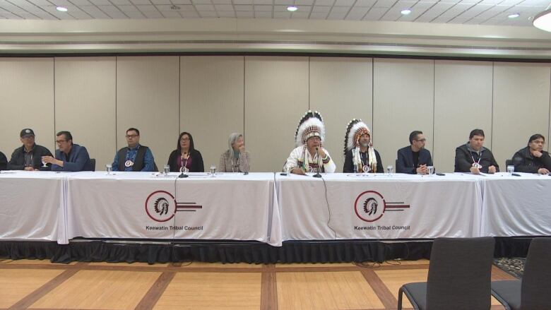 A group of people speaking at a press conference are pictured.