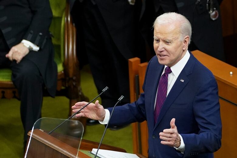 A person speaks while standing at a lectern.