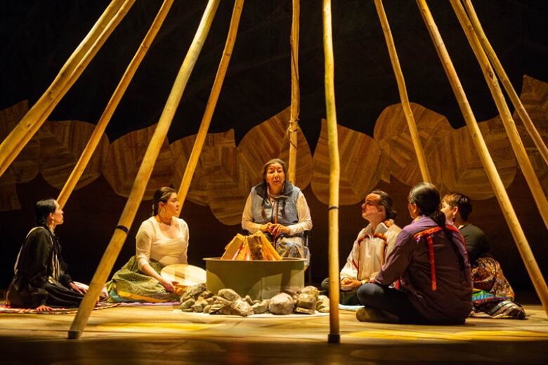 Five people are seated on the ground in a semi-circle, listening to a woman who is seated on a stool and speaking. They are sitting under the beams of a teepee around a fire.