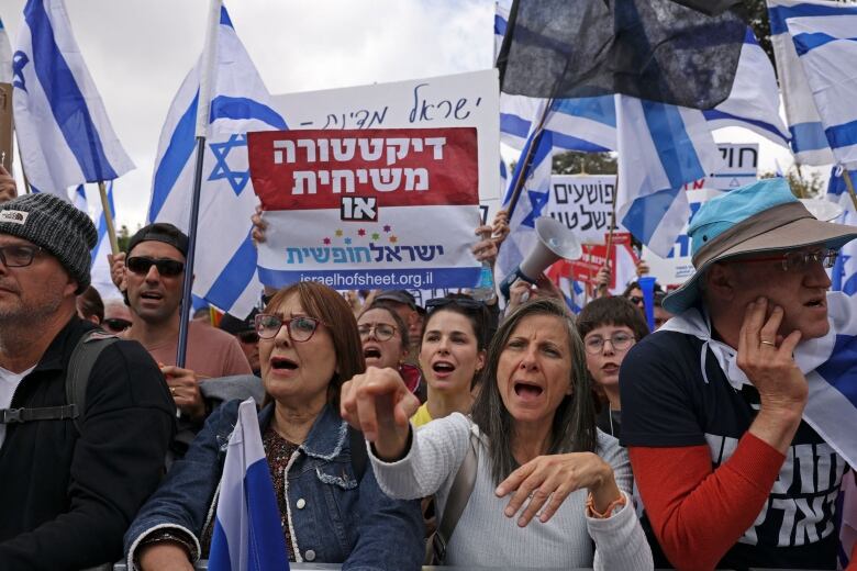 Several people are shown gesturing, yelling in front of a group gathering that includes signs and flags.