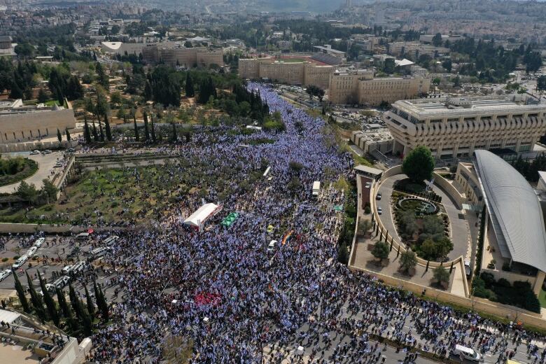 A large group of protesters, many dressed in blue, are seen on the streets in front of a building in this aerial image.