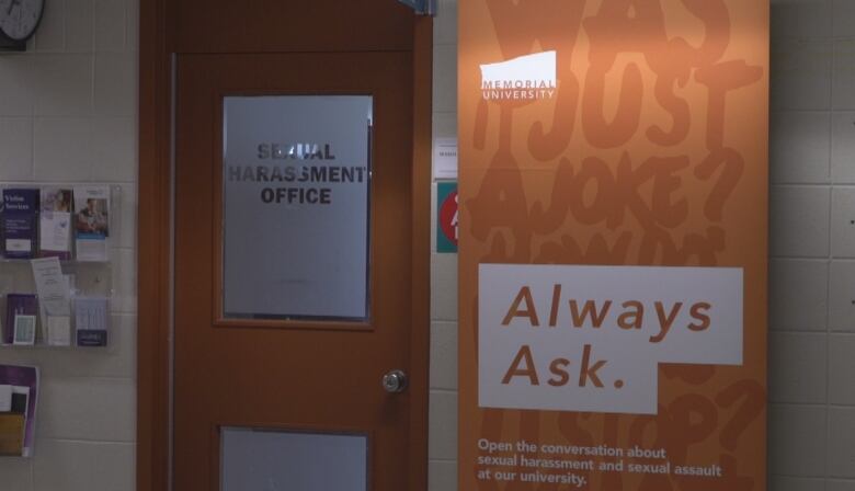 A frosted door carries the title Sexual Harassment Office.