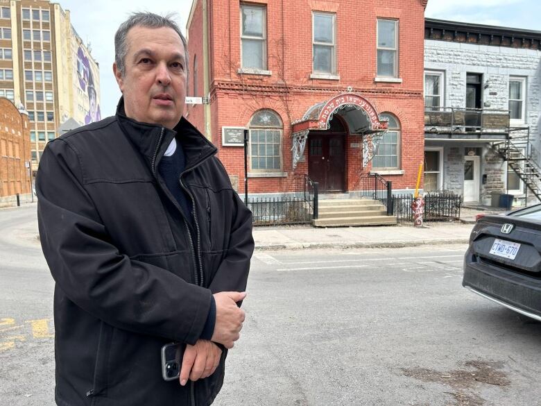 Man in front of synagogue