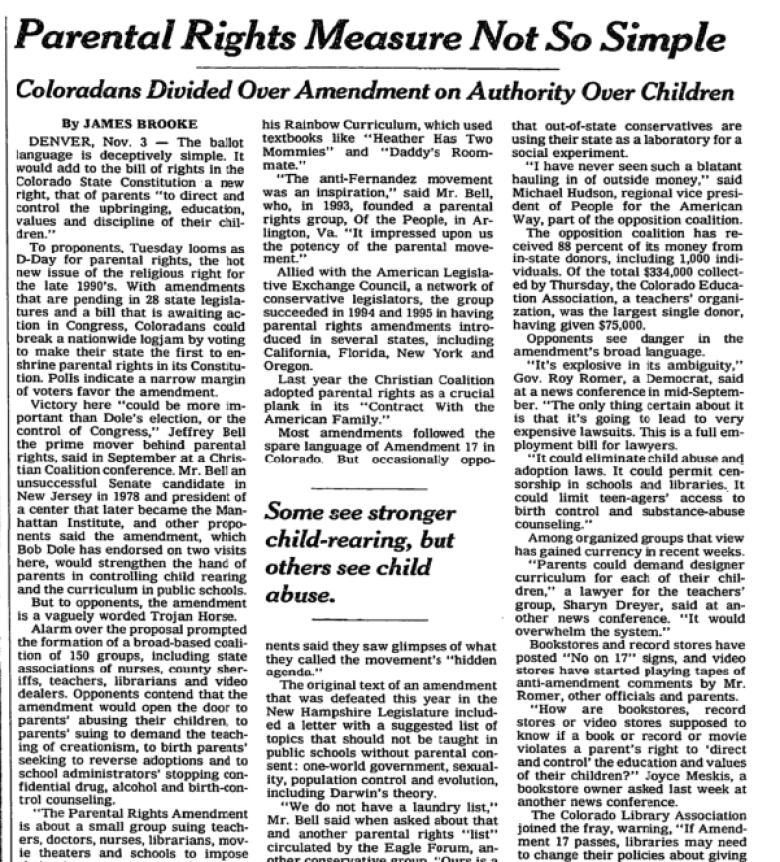 A scanned newspaper clipping from the mid 1990s. The headline is Parental Rights Measure Not So Simple.