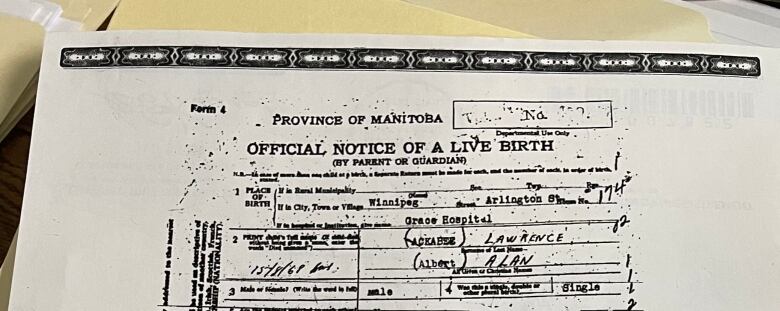 Alan Lawrence's 1947 Manitoba birth certificate lists his mother Ida Ackabee as French Half Breed.