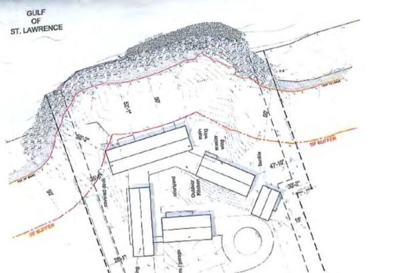 A site plan shows five buildings and a breakwater on a waterfront building lot. 