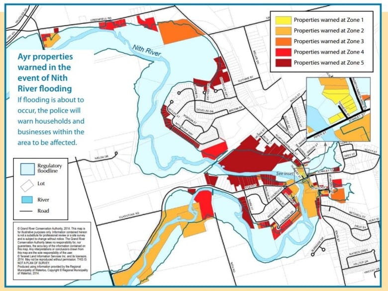 A topographical flooding map with red, yellow and orange colours for different elevations.