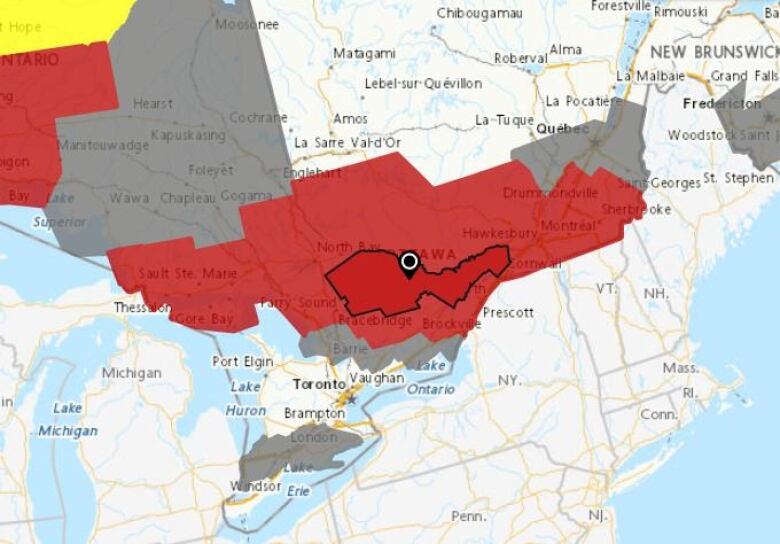 A colour-coded map of southern Ontario and Quebec. The Ottawa area is mostly red.