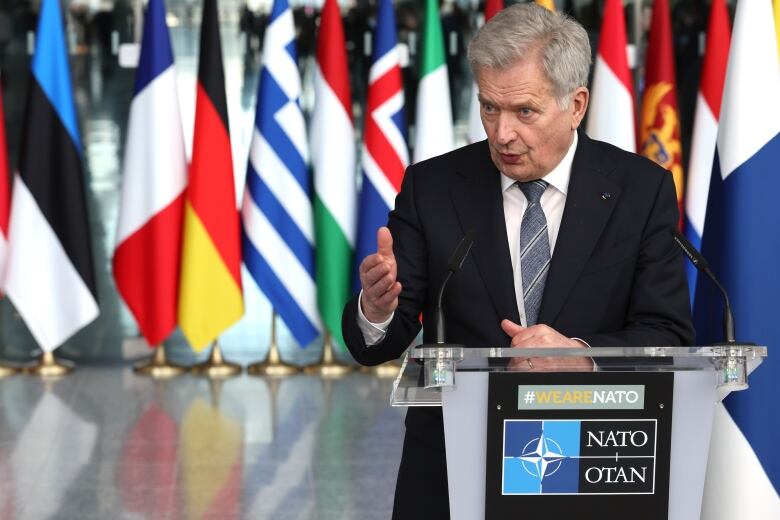 A man in a suit gestures and speaks while at a podium, with a backdrop of several flags shown behind him.