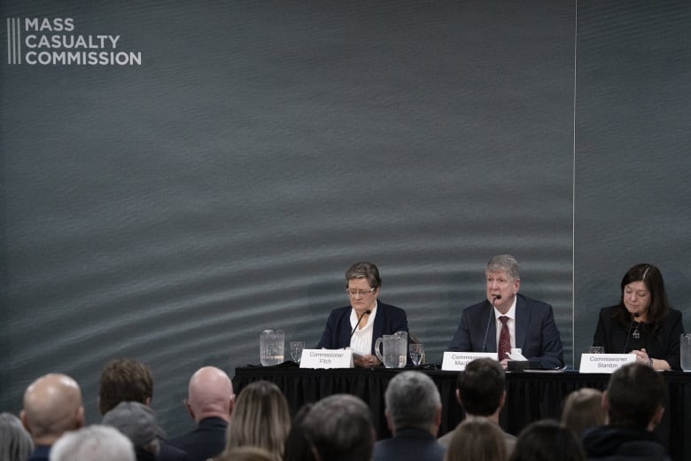 From left to right, commissioners Leanne Fitch, Michael MacDonald, chair, and Kim Stanton deliver the final report of the Mass Casualty Commission inquiry into the mass murders in rural Nova Scotia in Truro, N.S. on Thursday, March 30, 2023.