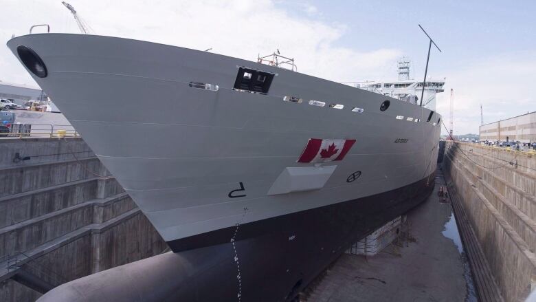 The Resolve-Class naval support ship Asterix at the Davie shipyard in Levis, Que., on Thursday, July 20, 2017. A coalition of people trying to save the Davie shipyard near Quebec City says more than 1,300 jobs are at risk if the federal government doesn't give the yard a contract for a second supply ship.