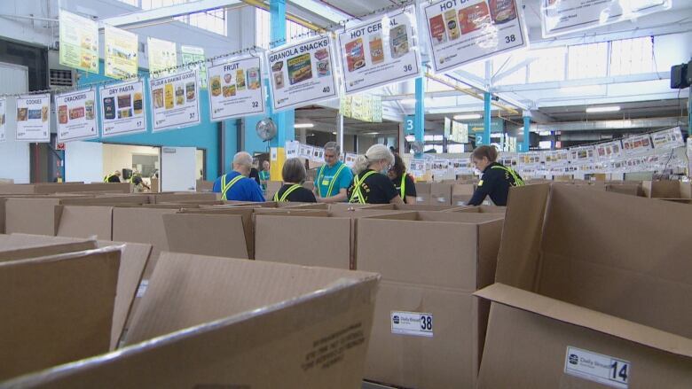 Many boxes and volunteers packing them in a food bank.