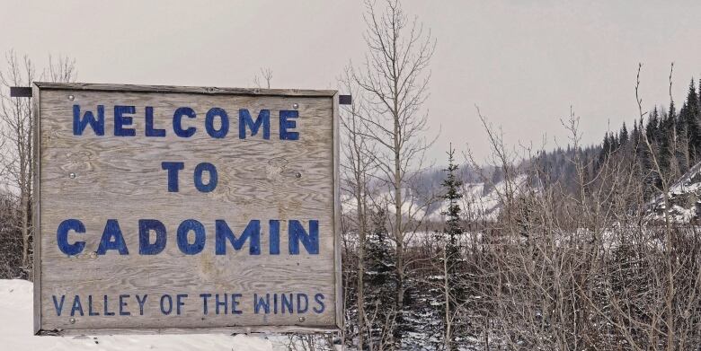 The welcome sign to Cadomin, Alta. 