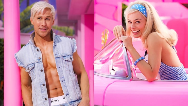 A composite image shows a man dressed in a Ken doll outfit and a woman dressed as a Barbie doll.