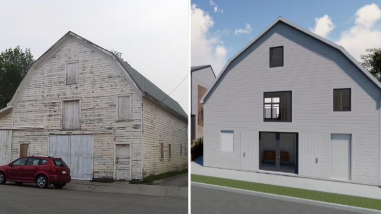 On the left, an image of the 114-year-old white barn shows signs of age. On the right, a computer rending of the developed building shows it finished with sleek glass door and several windows. 