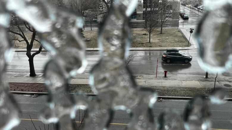 A car pictured through an icy window. 