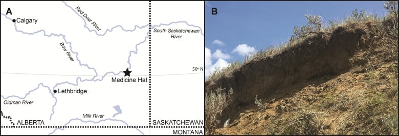 A map of southern Alberta is seen beside an eroded, grassy hill