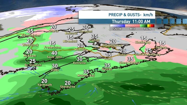 A weather map of the Maritimes.