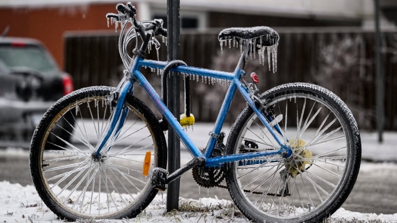 A locked-up bicycle coated with ice and icicles.