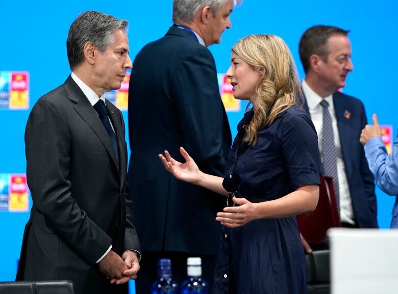 U.S. Secretary of State Antony J. Blinken, left, speaks with Canadian Foreign Minister Melanie Joly during a round table meeting at a NATO summit in Madrid, Spain on June 29, 2022. Joly is headed back to the U.S. capital to talk about Ukraine with Blinken. It will be the pairs second meeting in just over a week, coming on the heels of the UN General Assembly in New York.