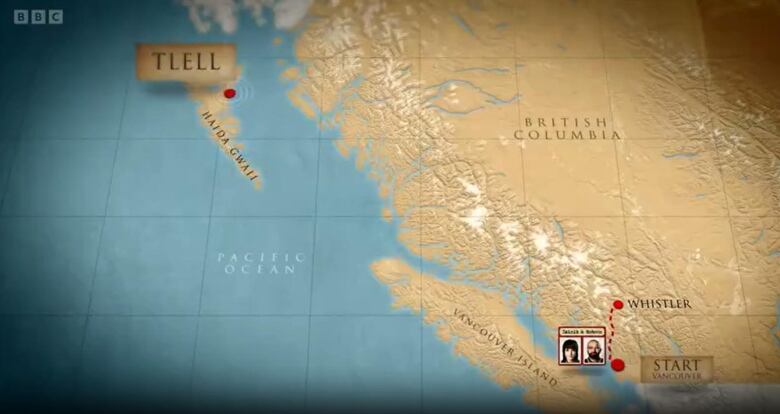 A graphic from the Race Across the World episode set in B.C. shows the difficulties one of the teams would face in finding a way to get from Vancouver to Haida Gwaii if they headed to Whistler first. 